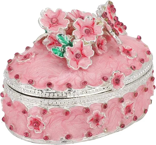 Vista 6 de Caja de joyería decorativa con diseño de flores de cerezo con bisagras, pequeña caja de joyería decorativa con cristales rosados para regalo