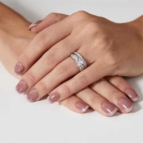 Vista 5 de Juego de anillos nupciales de plata de ley 925 con circonita cúbica, corte princesa, para mujer