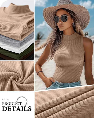 Vista 3 de Paquete de 3 camisetas sin mangas con cuello alto falso para mujer, acanaladas, elásticas, ajustadas, básicas, ligeras, bustier