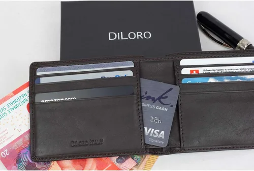 Vista 7 de DiLoro Billetera de cuero delgada para hombre con bolsillo y tecnología de bloqueo RFID marrón oscuro Nappa Cartera RFID