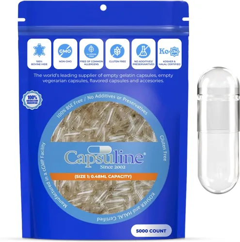 Vista 8 de Capsuline Cápsulas de gelatina vacías tamaño 1, transparentes, 1000 unidades, sin gluten, Kosher, con certificación OGM Pastillas bovinas puras
