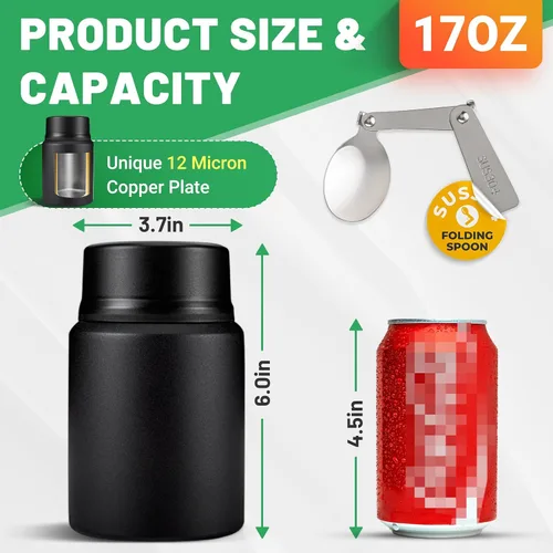 Vista 2 de Charcy Termo de 17oz para alimentos calientes, sopa termo contenedor de alimentos para lonchera con cuchara plegable ZB - Negro