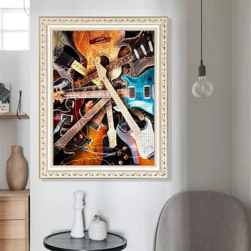 Vista 3 de Pintura de diamantes, guitarra eléctrica rodeada de fondo de relámpagos, arte para adultos relajarse y decoración de pared del hogar, regalo