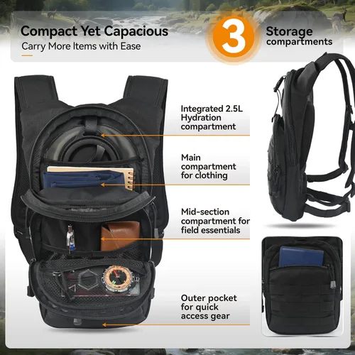 Vista 3 de MARCHWAY Mochila de Hidratación Táctica Molle con Vejiga de Agua de TPU de 2.5L, Mochila Militar Organizada de Perfil Bajo para Senderismo, Negro