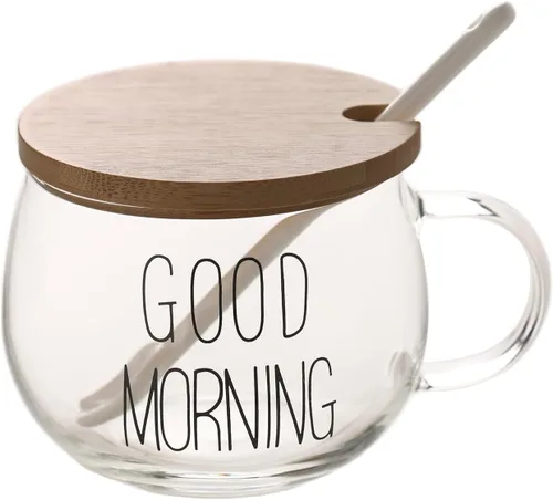 Vista 10 de TREEWOO Good MORNING - Taza transparente para café, postre, leche, té, yogur, juego de 2, vasos redondos de vidrio con asa con tapa de bambú