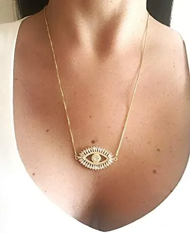 Vista 3 de LESLIE BOULES Collar de ojo malvado de oro chapado en oro de 18 quilates con cadena ajustable deslizante, Cristal