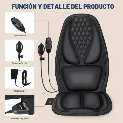 Vista 6 de Cojín de asiento de masaje de vibración con calor, almohadilla masajeador de silla de 8 motores con soporte lumbar ajustable manual, 9 modos, 3 Negro