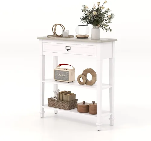 Vista 12 de KINTNESS Mesa de entrada, mesa consola estrecha con 2 cajones, mesa auxiliar de sofá con estantes para sala de estar, pasillo, color negro