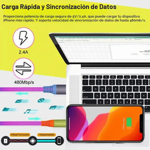 Vista 4 de Cable de carga para iPhone, [certificado MFi de Apple] 3 pies colorido gradual USB A a Lightning cable de carga rápida de nailon trenzado