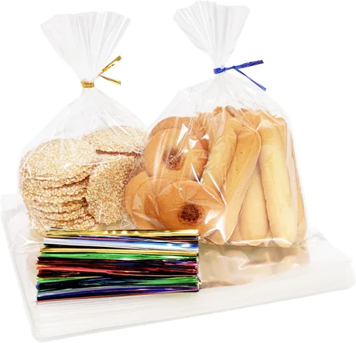 Vista 12 de 100 bolsas de celofán de 3 x 11 pulgadas, bolsas transparentes para dulces con lazos giratorios de 4 pulgadas, bolsas de plástico para violonchelo