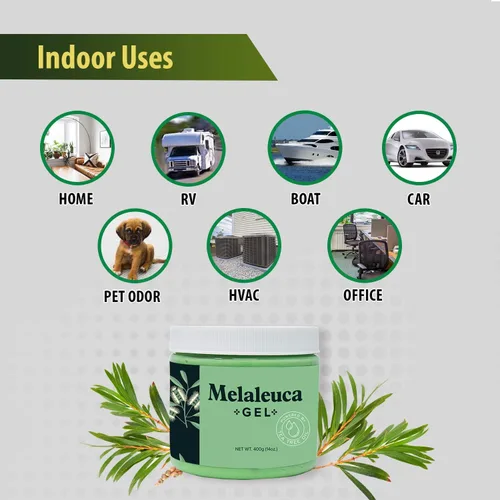 Vista 6 de Melaleuca Gel Purificador de Aire Natural, Ambientador Eliminador de Olores con Aceite Esencial de Árbol de Té 100% Australiano. Aire limpio
