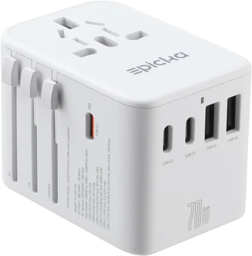 Vista 8 de EPICKA Adaptador de viaje universal, adaptador de enchufe internacional GaN con 3 USB-C de carga rápida PD de 70W y 2 USB-A todo en uno cargador