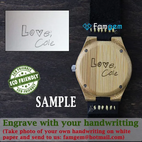 Vista 9 de Famgem - Reloj de pulsera para hombre con grabado de madera, correa de cuero personalizada, correa de cuero