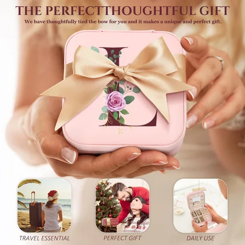 Vista 7 de MFXIP Regalos para el día de San Valentín para ella, estuche de joyería de viaje con inicial, estuche organizador de viaje pequeño, joyero de viaje