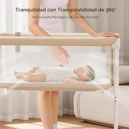 Vista 5 de Cuna para Dormir al Lado de la Cama - Diseño Completamente de Malla, Cuna Portátil al Lado de la Cama para Bebé con Colchón Lavable, 5 Alturas Beige