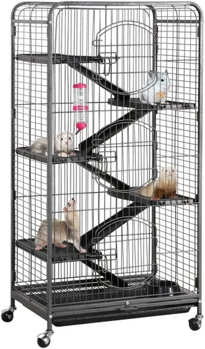 Vista 10 de Jaula para hurón de metal, 37 pulgadas, para animales pequeños de interior. Madriguera con alimentador y ruedas, color negro, de Yaheetech