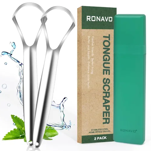 Vista 12 de RONAVO Raspador de lengua para adultos (4 unidades), raspador de lengua de metal resistente al óxido (fundas de viaje incluidas) reduce el mal