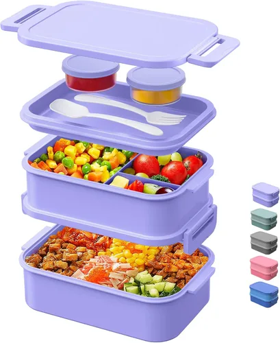 Vista 8 de DaCool Lonchera Bento para adultos, caja Bento de 74 onzas, contenedor apilable todo en uno para adultos, caja Bento grande con tenedor, cuchara