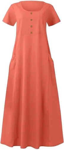 Vista 4 de Ceboyel Vestido largo de lino y algodón para mujer, de manga corta, con botones, holgado, ajustado, con vuelo, ropa de verano