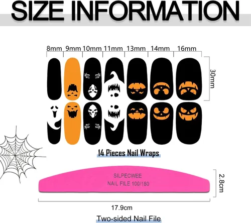 Vista 6 de SILPECWEE 8 hojas de envolturas de uñas de Halloween para mujer, diseño de otoño, tiras adhesivas de esmalte de uñas de gel autoadhesivas con lima