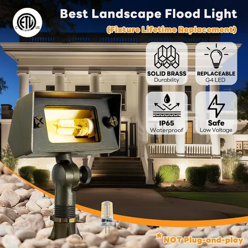 Vista 2 de Gardenreet Luz de Inundación de Bajo Voltaje para Exteriores - Luz LED de Lavado de Pared de Latón Sólido 12V, Paisajística de Cableado Fijo
