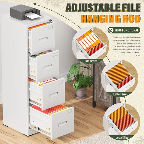 Vista 5 de Greenvelly Archivador de 4 cajones con cerradura, archivador de metal para oficina en casa, archivador vertical con bloqueo, archivador de 18 Blanco