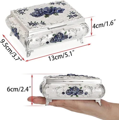 Vista 3 de Vintage Jewellery Box,Jewelry Treasure Box,Vintage Metal Small Jewelry Box Trinket Box with Red Flower Pattern, Retro Trinket Storage Box Jewelry