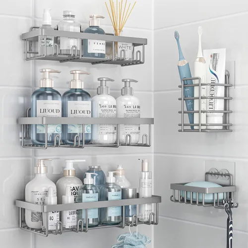 Vista 11 de Liuoud Shower Caddy 5 Pack XL-Size Adhesive Stainless Steel Organizer XL Capacity, With Strong Adhesive, Rustproof, No Drilling Wall Mount Shelvs