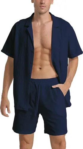 Vista 12 de RPOVIG Conjunto corto de camisa de lino: conjunto casual de 2 piezas con botones para hombre