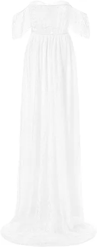 Vista 2 de Vestido de maternidad de encaje con hombros descubiertos para mujer, vestido de embarazo elegante de encaje para sesión de fotos de baby shower