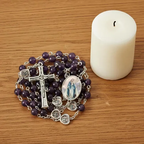 Vista 2 de Nazareth Store Cuentas de piedra natural con corazón de epoxi milagroso, cuentas de metal, collar de rosario, regalos cristianos de piedras preciosas