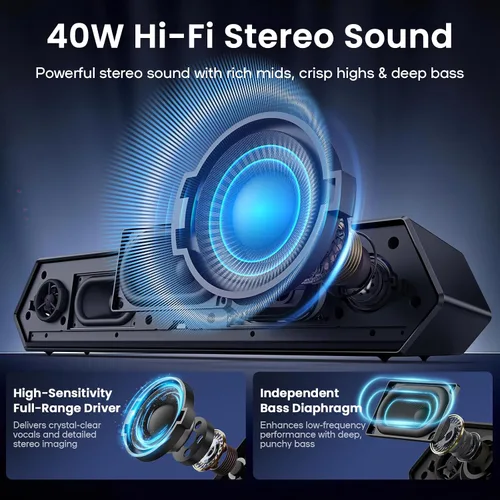 Vista 2 de Deeyaple Altavoces de computadora, barra de sonido inalámbrica de 40 W para PC de escritorio con Bluetooth 5.3 y audio USB, ecualizador