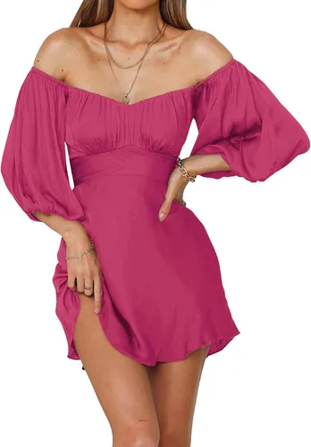 Vista 5 de Umenlele Vestido corto casual para mujer, cuello cuadrado, fruncido, lazo en la espalda, media manga, acampanado