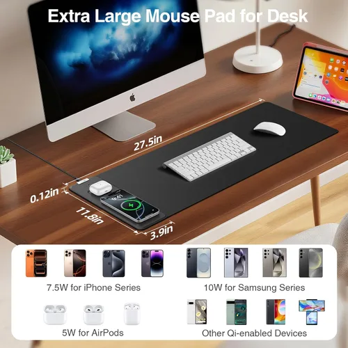 Vista 3 de Alfombrilla magnética de carga inalámbrica para mouse, 27.5 x 11.8 pulgadas, tapete de escritorio para juegos con bordes cosidos superiores, base