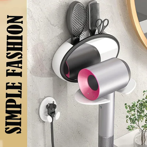 Vista 2 de Soporte plegable para secador de pelo, soporte de pared, secador de pelo con espejo, almacenamiento adhesivo para secador de pelo, organizador