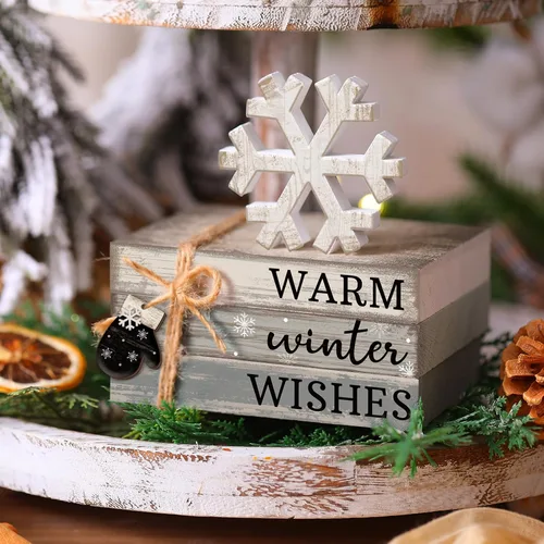 Vista 3 de 4 piezas de decoración de mesa de invierno con copos de nieve, decoración de bandeja escalonada de deseos cálidos, decoración de centro de mesa