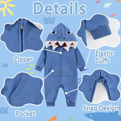 Vista 3 de ALLAIBB Disfraz de tiburón para bebé, mameluco de algodón, lindo overol con capucha para bebés, niños y niñas de 3 a 24 meses Azul