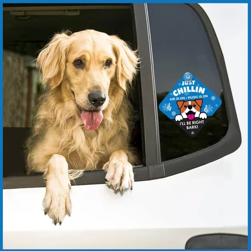 Vista 4 de Just Chillin - Letrero de seguridad para mascotas para ventana de automóvil, alerta de reproducción de música AC On para dueños de perros