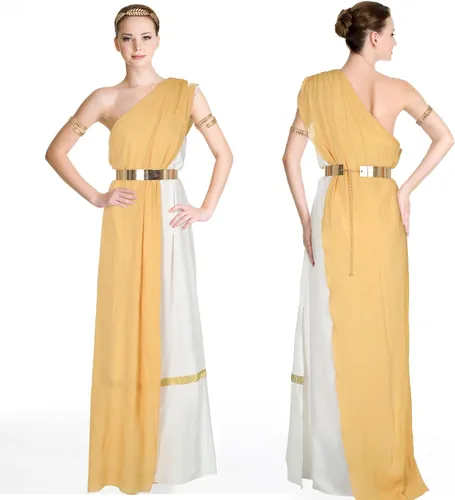 Vista 5 de Haull Disfraz de Toga dorado de 5 piezas para mujer, disfraz de Athena para adultos, trajes griegos con corona griega en la cintura para Halloween