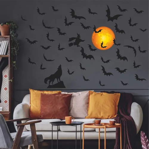 Vista 3 de Calcomanías de pared de luna de Halloween, calcomanías de murciélago de bruja, calcomanías de pared de lobo removibles para despegar y pegar