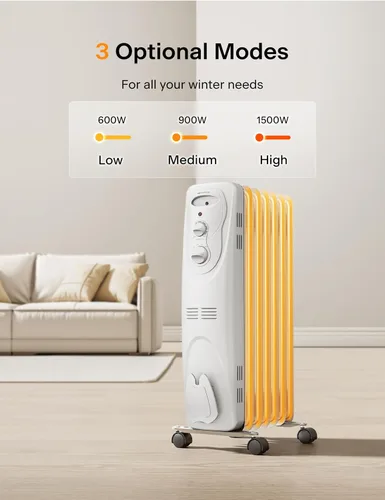 Vista 12 de PELONIS Calentador de radiador para grandes espacios, radiador eléctrico lleno de aceite, dos perillas, 1500 W, calentador de espacio silencioso, 3