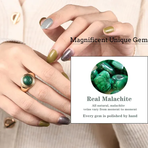 Vista 3 de JINEAR 14K Gold Plated Round Malachite Band Ring for Women and Men Green Gemstone Stackable Bulky Thumb Statement Ring