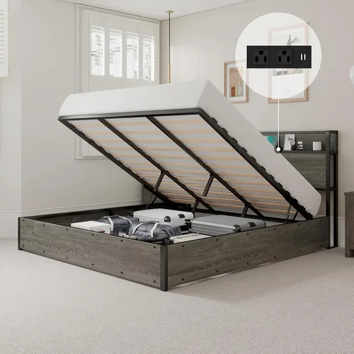 Vista 11 de Cama de Almacenamiento Elevable Tamaño Full, Marco de Cama Plataforma de Madera con Cabecera de Almacenamiento y Estación de Carga, No Necesita Negro