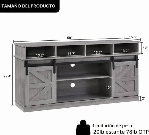 Vista 2 de Soporte de TV con puerta corrediza de granero, centro de entretenimiento de madera moderna y rústica, armario de almacenamiento, mesa de estar
