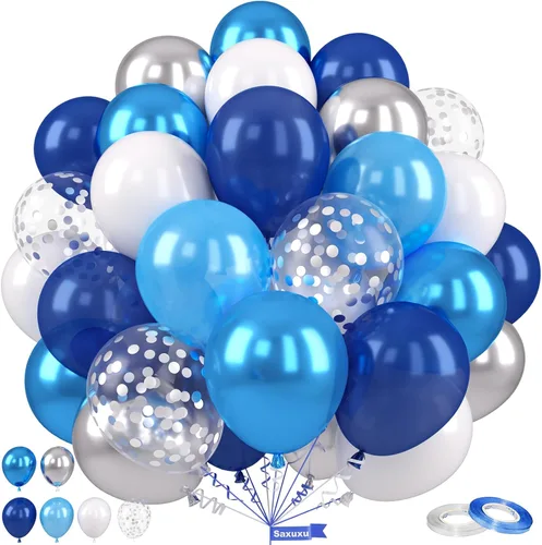 Vista 28 de Globos azules y negros, globos de graduación de 12 pulgadas, globo de látex de confeti azul oscuro, negro, blanco, plateado metálico, para niños