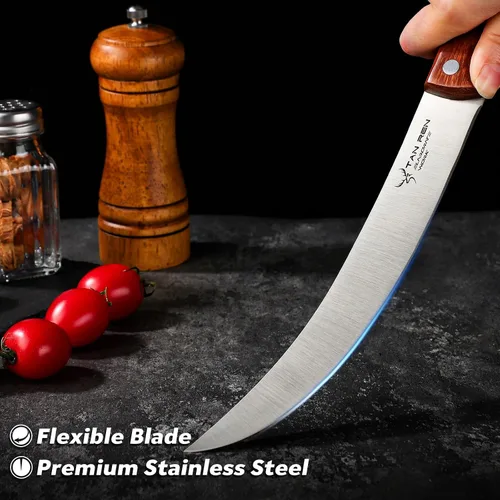 Vista 3 de TAN REN Cuchillo para romper carnicero de 8 pulgadas, acero inoxidable para cortar carne, corte de pechuga con funda, mango de madera ergonómico