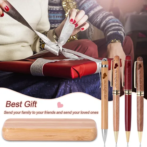 Vista 8 de Juego de regalo de bolígrafo de madera de lujo grabado personalizado con estuche de negocios, bonito bolígrafo de escritura con caja y repuestos