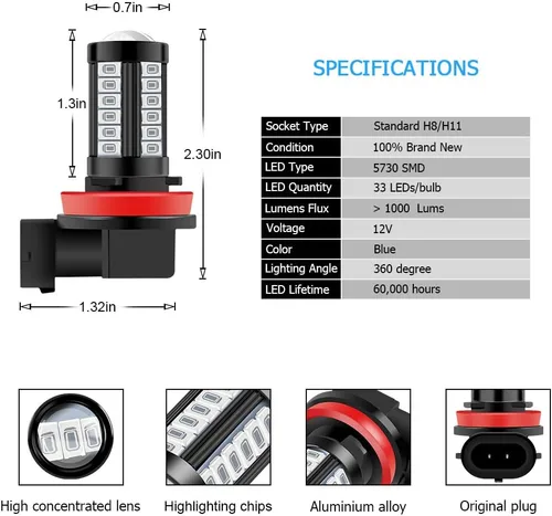 Vista 2 de Bombillas LED antiniebla H8 H9 H11 DRL 2800 lúmenes, Xtreme, superbrillantes, 5730, 33-SMD, 12 V, bombillas LED de repuesto para automóviles, Azul