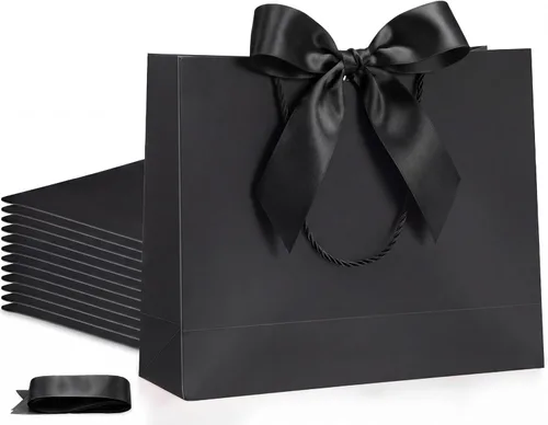 Vista 35 de Silkfly 12 bolsas de regalo con asas para dama de honor, 12 x 10 x 4 pulgadas, elegantes bolsas de regalo de bienvenida de boda con lazo para Negro
