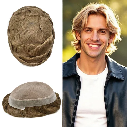 Vista 53 de Toupee para hombres Piezas de pelo fino mono para hombre Toupee sistema de reemplazo de pelo para hombres línea capilar natural para hombre postizo